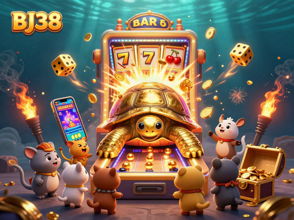 BJ38 golden tortoise pinball machine in vibrant casino scene with jackpot explosion and excited players