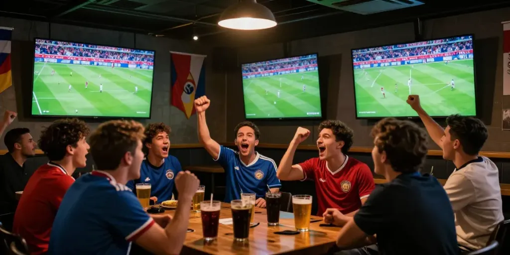 Excited fans at a sports bar enjoying a live match on Xoilactv.
