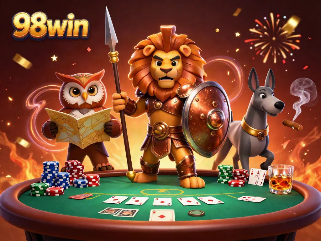 Engage in thrilling poker with 98win's vibrant 3D casino scene featuring lion, owl, and greyhound.