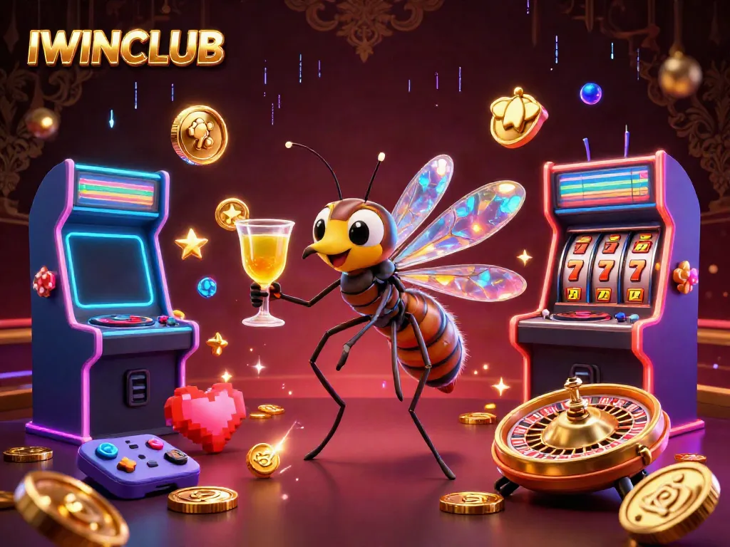 IWINCLUB combines gaming excitement with vibrant casino elements, showcasing an engaging digital scene.