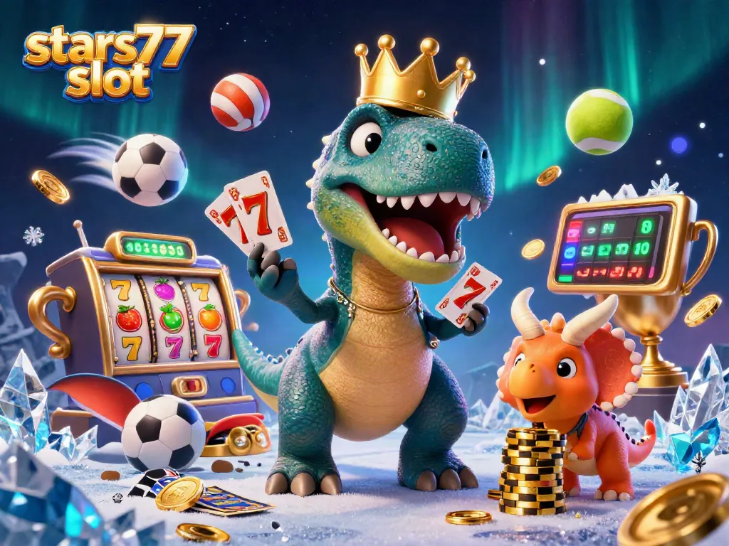 Permainan slot stars77 slot memperlihatkan dinosaurus lucu yang sedang bermain kartu dan menumpuk chip emas, penuh warna dan detail menarik.