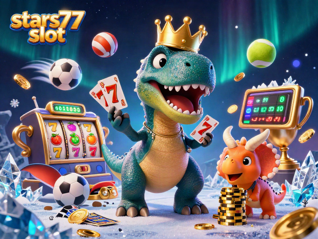 Permainan slot stars77 slot memperlihatkan dinosaurus lucu yang sedang bermain kartu dan menumpuk chip emas, penuh warna dan detail menarik.