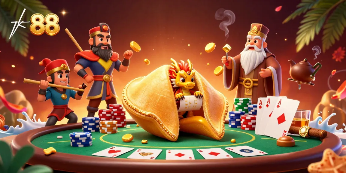 Engage with the vibrant tk 88 casino scene featuring a golden fortune cookie and poker elements.