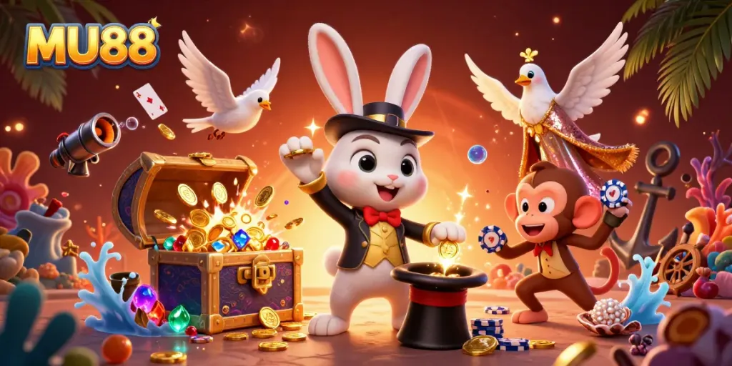 Experience MU88's enchanting 3D casino world with a magician rabbit, dove, and playful monkey.