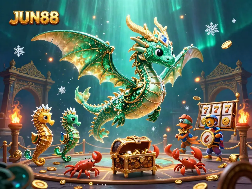 Experience the enchanting world of JUN88 with a 3D sea dragon and treasure in an immersive casino scene.