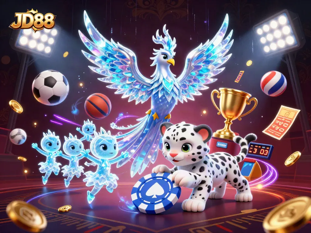 Experience thrilling JD88 gameplay with an ice phoenix and lively elements in a vibrant casino scene.