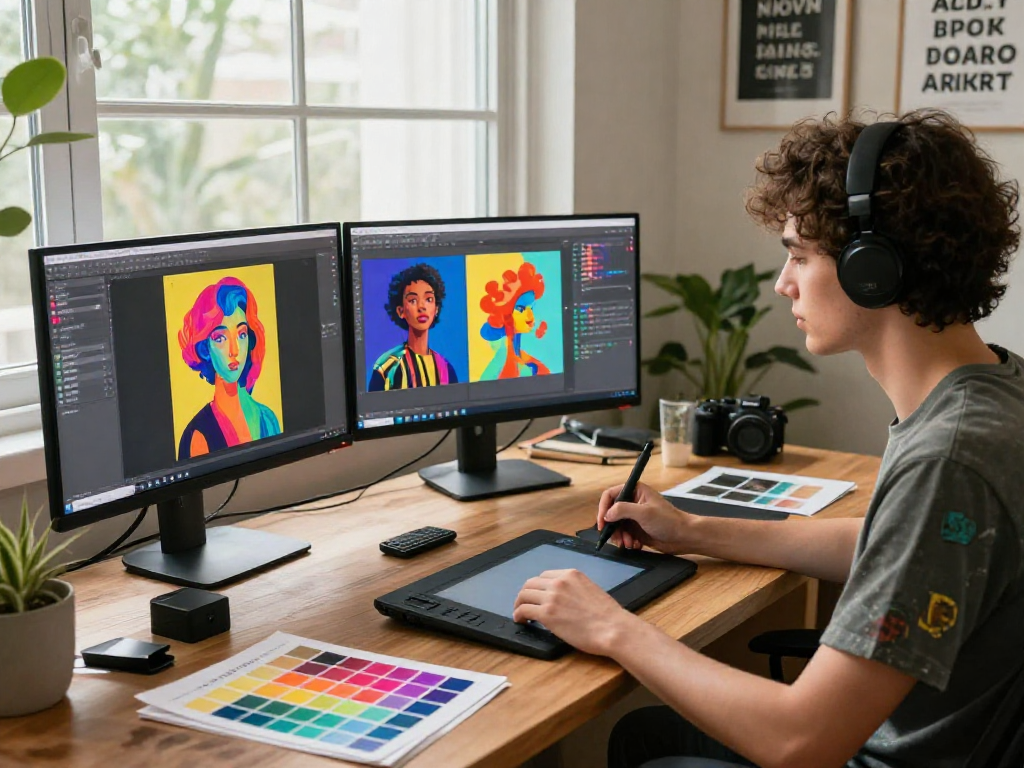 Artist using nsfw ai tools in a vibrant workspace creating digital art.