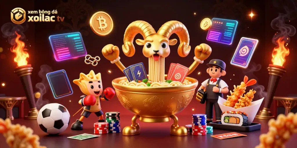 Xem bóng đá xoilac tv features a vibrant sports-themed 3D casino illustration with dynamic characters and betting elements.