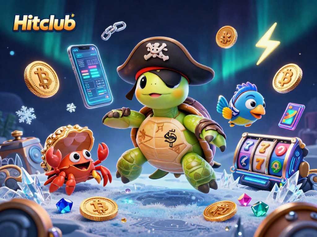Hitclub showcases a lively 3D casino scene with a pirate turtle, hermit crab, and parrotfish among treasure.