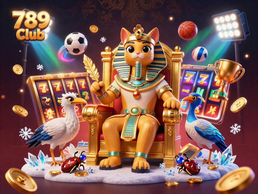 Experience the thrill of 789 Club with dynamic gambling action featuring a cartoon pharaoh and rich casino elements.