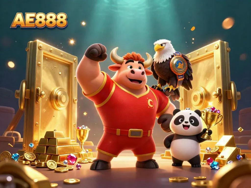 Experience the excitement of AE888 Casino with a vibrant 3D mascot scene celebrating wins and treasures.