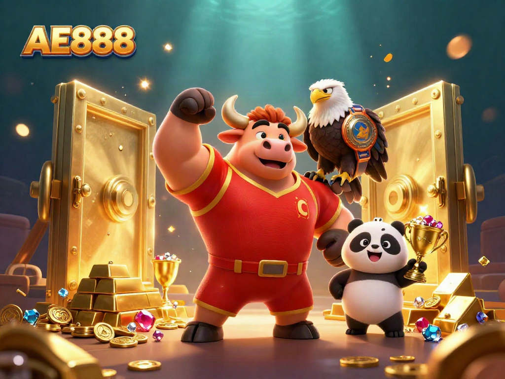 Experience the excitement of AE888 Casino with a vibrant 3D mascot scene celebrating wins and treasures.
