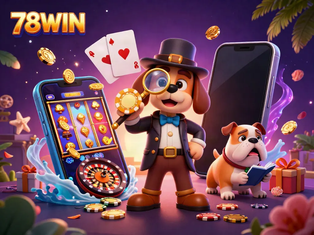 Experience thrilling gameplay with 78WIN as the cartoon detective hunts for jackpot clues amidst vibrant casino elements.