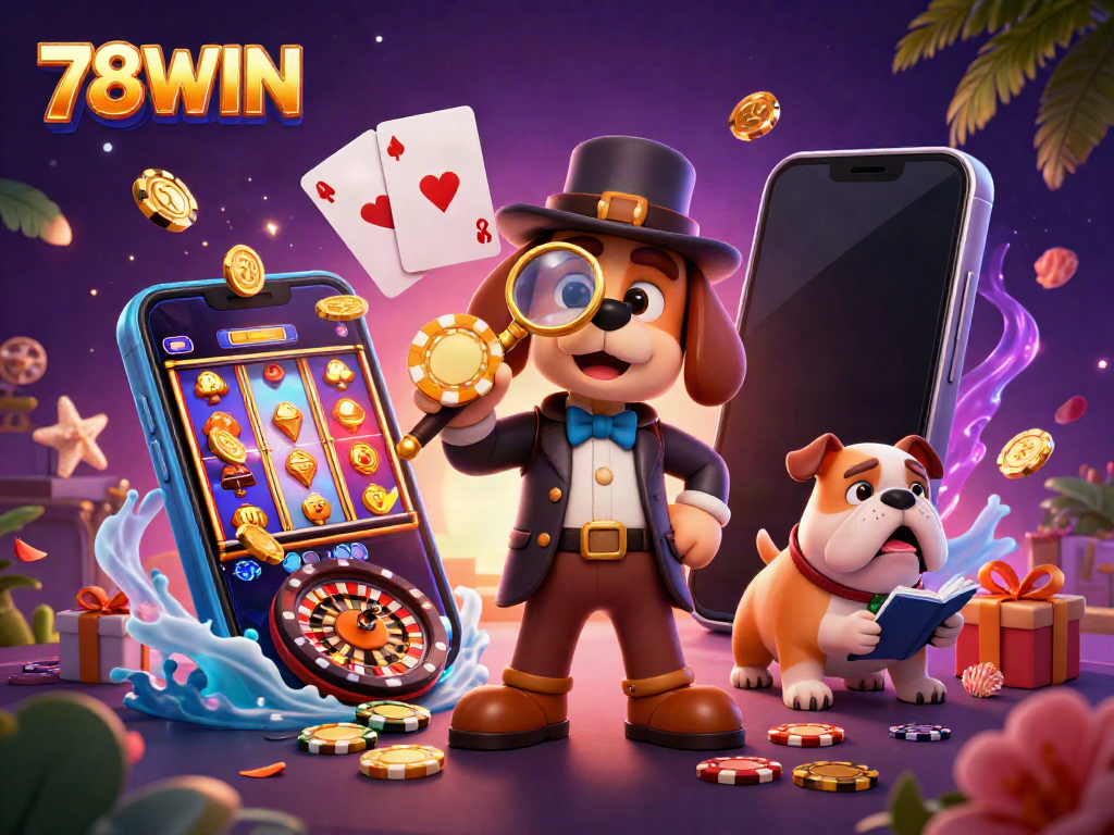 Experience thrilling gameplay with 78WIN as the cartoon detective hunts for jackpot clues amidst vibrant casino elements.