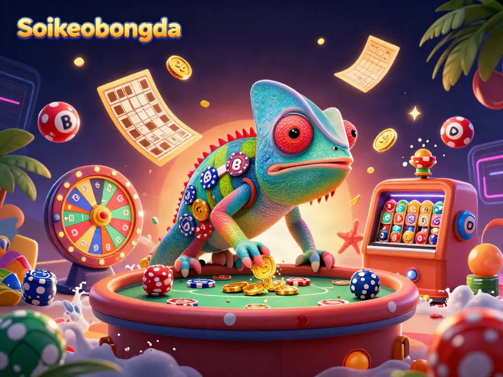 Engaging Soikeobongda casino illustration with dynamic elements like golden coins and colorful lottery balls.