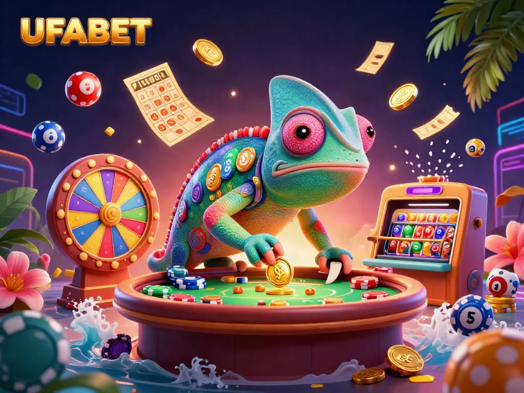 UFABET features a colorful 3D chameleon casino owner catching coins and surrounded by dynamic gaming elements.