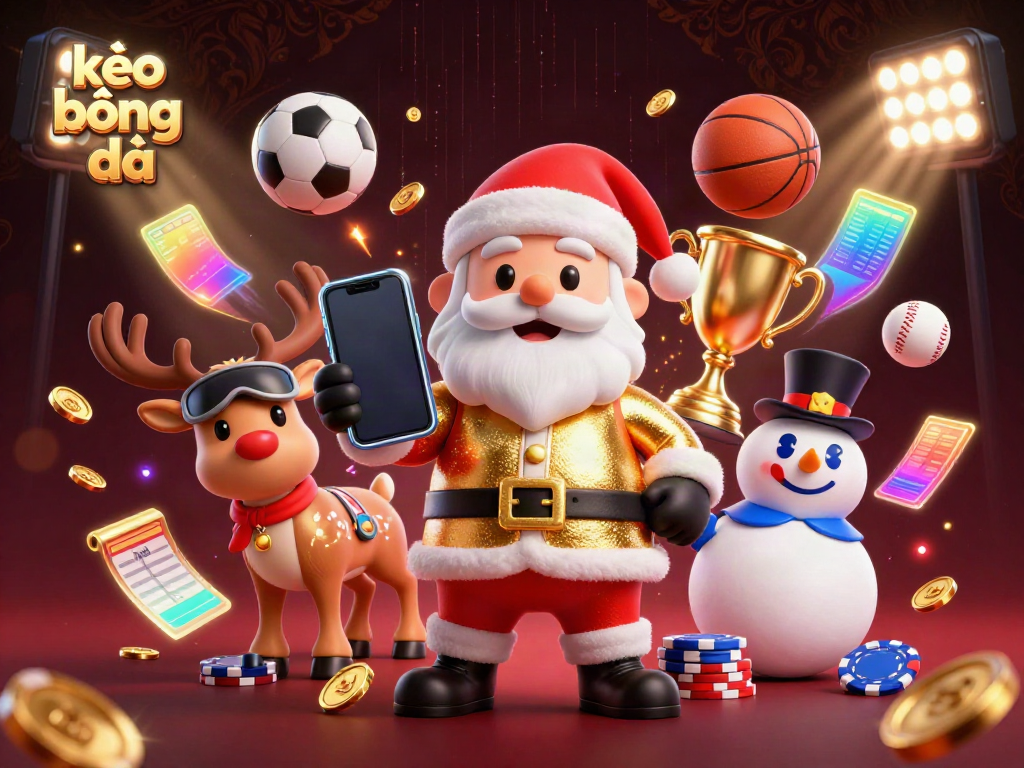 Join kèo bóng đá action with a cartoon Santa, reindeer dealer, and sports-themed snowman amid vibrant sports elements.