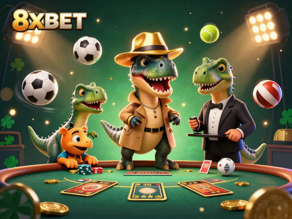 Engage in exciting gameplay at 8XBET with a whimsical casino scene featuring cartoon dinosaurs.