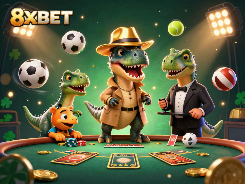 Engage in exciting gameplay at 8XBET with a whimsical casino scene featuring cartoon dinosaurs.