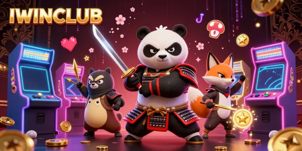 Engage with IWINCLUB in a vibrant 3D cartoon casino scene featuring dynamic gaming elements and spirited characters.