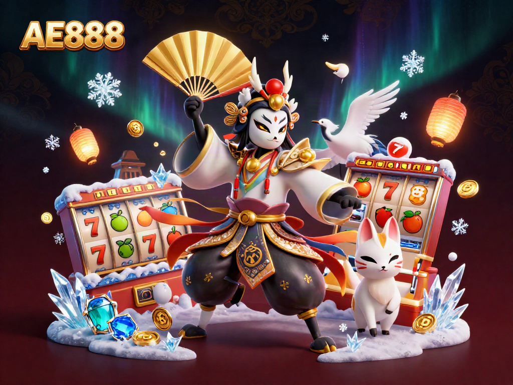 Experience excitement at AE888 with slot reels and vibrant characters in a festive casino setting.