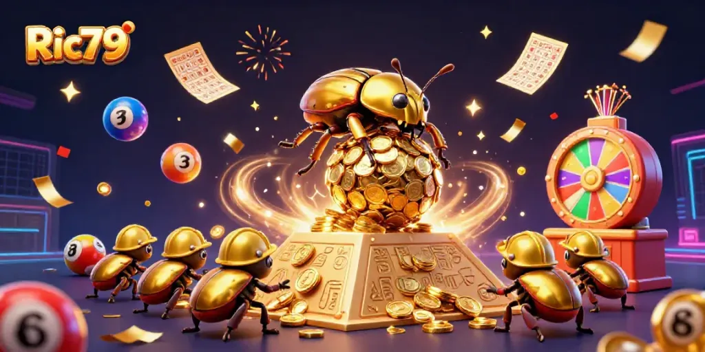 Engage with Ric79 in an action-packed casino scene featuring a golden beetle and vibrant gambling elements.