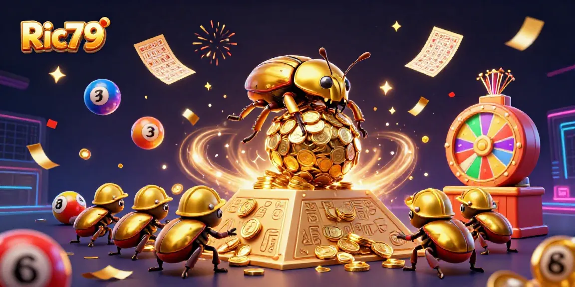 Engage with Ric79 in an action-packed casino scene featuring a golden beetle and vibrant gambling elements.
