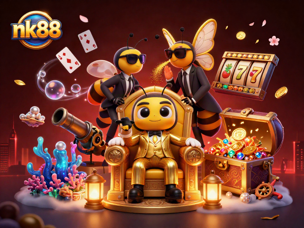 Join the 3D cartoon bumblebee mob boss nk88 in an exciting casino scene filled with slot reels and shimmering treasures.