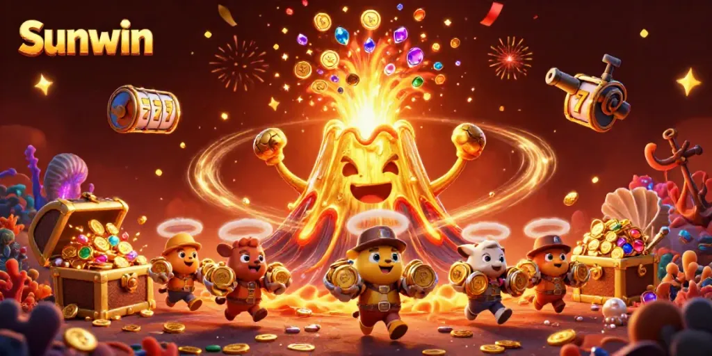 Join the excitement at Sunwin with a vibrant depiction of a golden volcano erupting with coins, gems, and treasure.