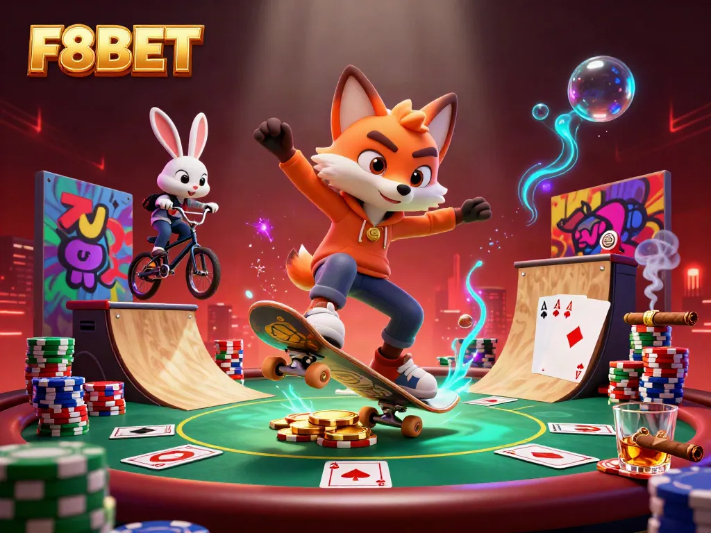 Experience thrilling gaming with F8BET, featuring dynamic characters and vibrant casino elements.