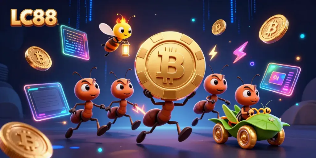 Engage with the exciting LC88 heist scene filled with crypto elements and vibrant casino imagery.