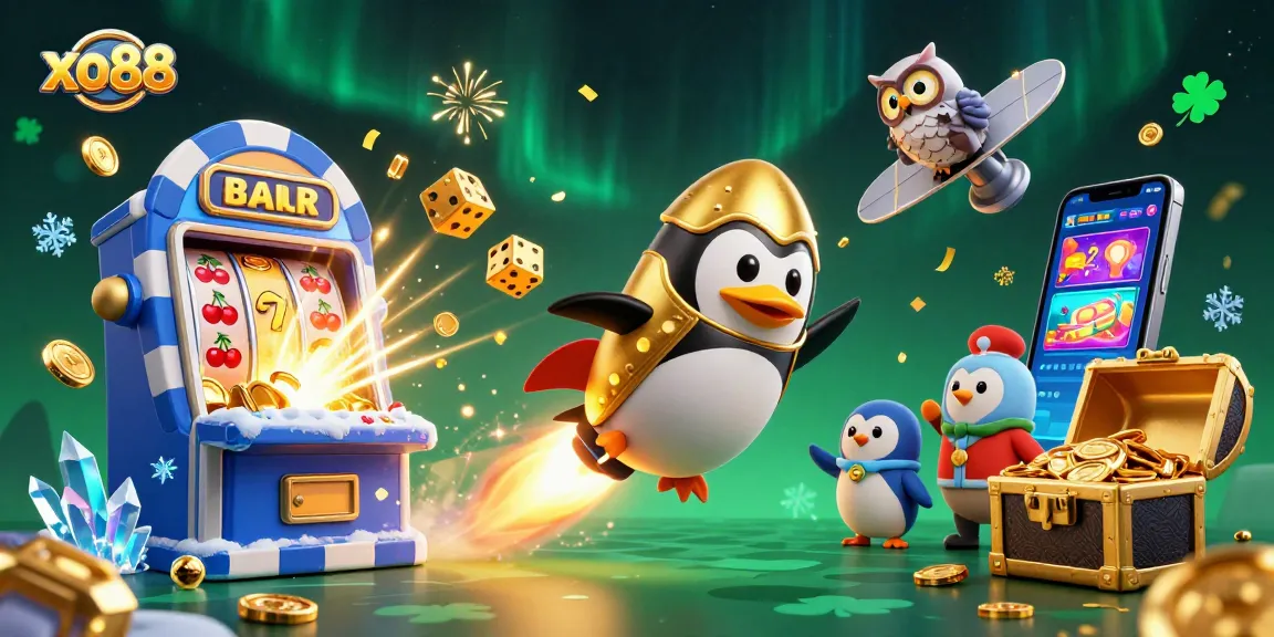 Experience the excitement of xo88 with a vibrant 3D casino scene featuring a golden penguin and jackpot elements.