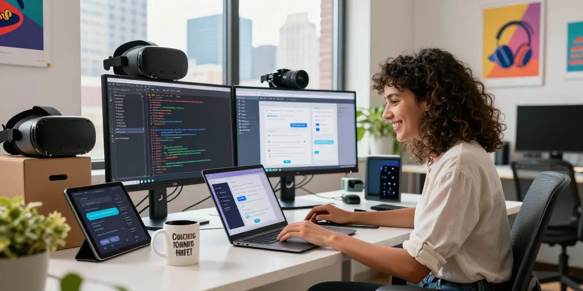 A software developer interacting with an AI chatbot in a modern tech workspace featuring dual monitors and city skyline.