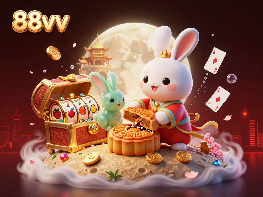 Experience thrilling gameplay at 88vv with a vibrant scene of a moon rabbit revealing poker chips.