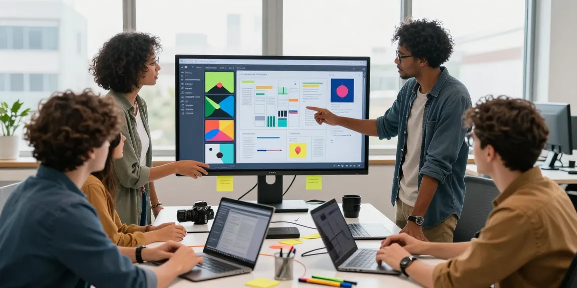 Collaboration on a mix board with a creative team brainstorming ideas in a modern office.