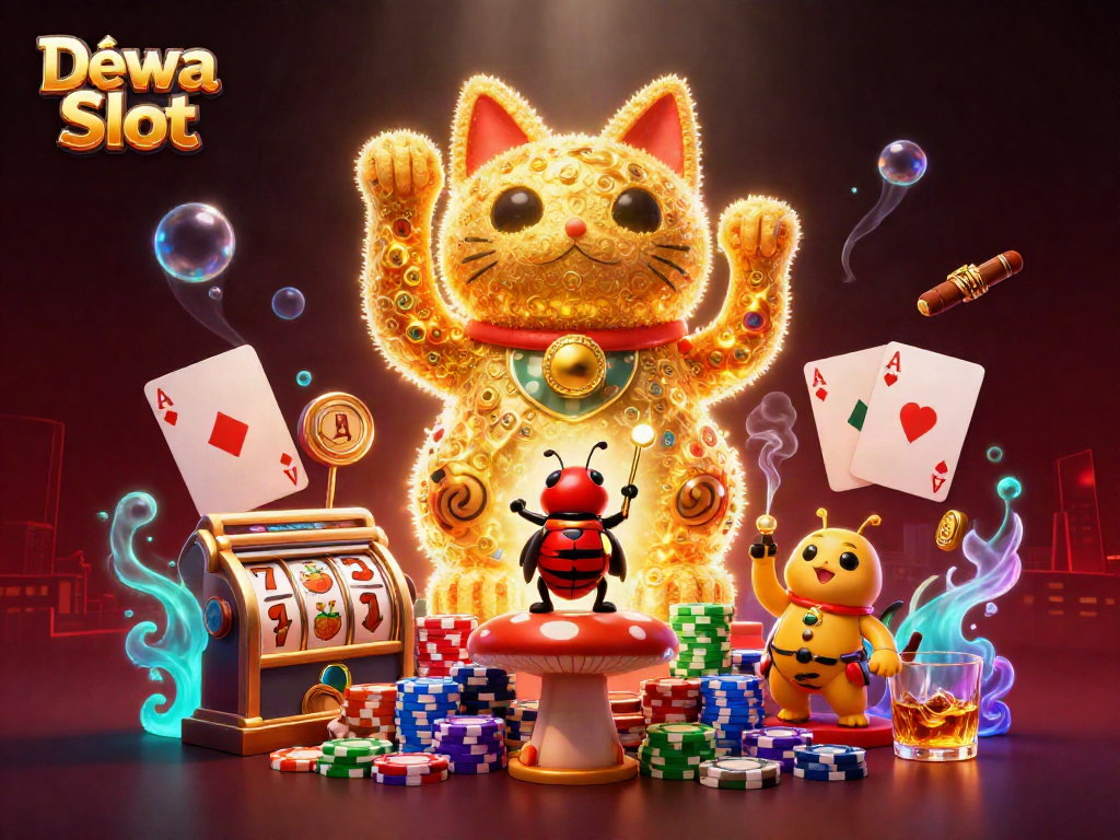 Dewa Slot showcases a vibrant 3D scene of a lucky cat animated by fireflies amidst slot reels and poker chips.