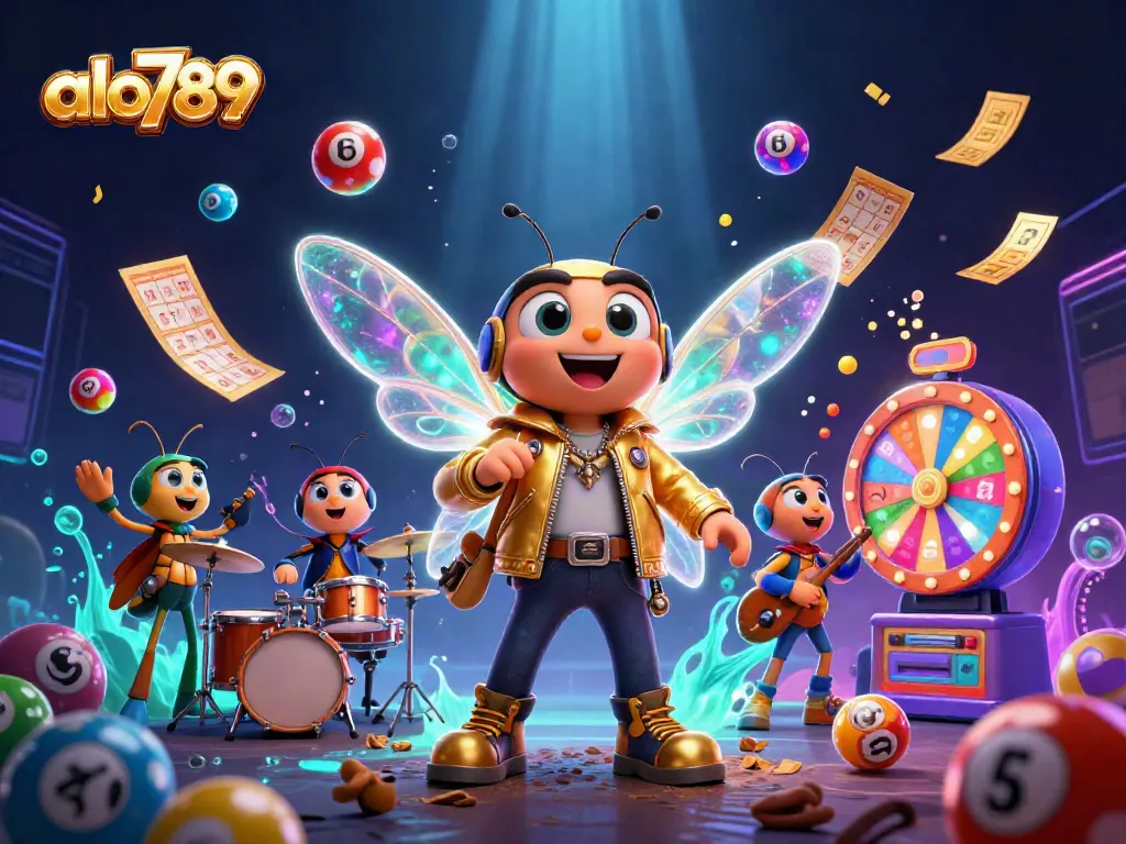 alo789 vibrant casino scene with a rock star bug and dynamic lottery elements in action