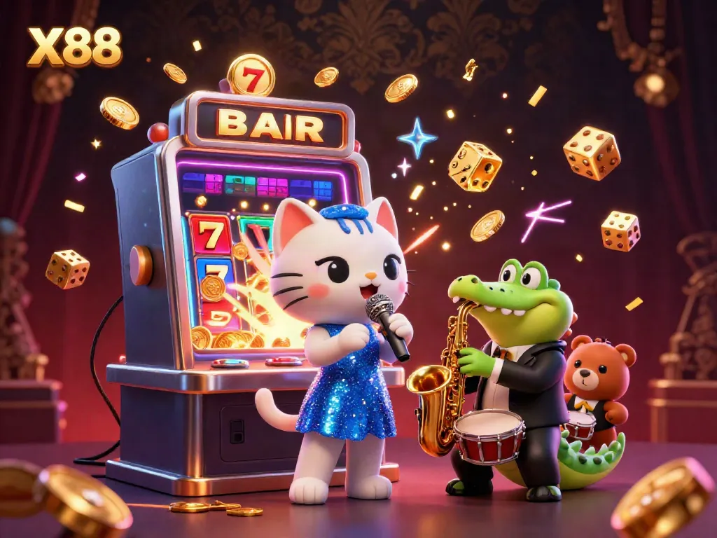 X88 jackpot celebration with vibrant characters and casino elements in a rich, dynamic scene.