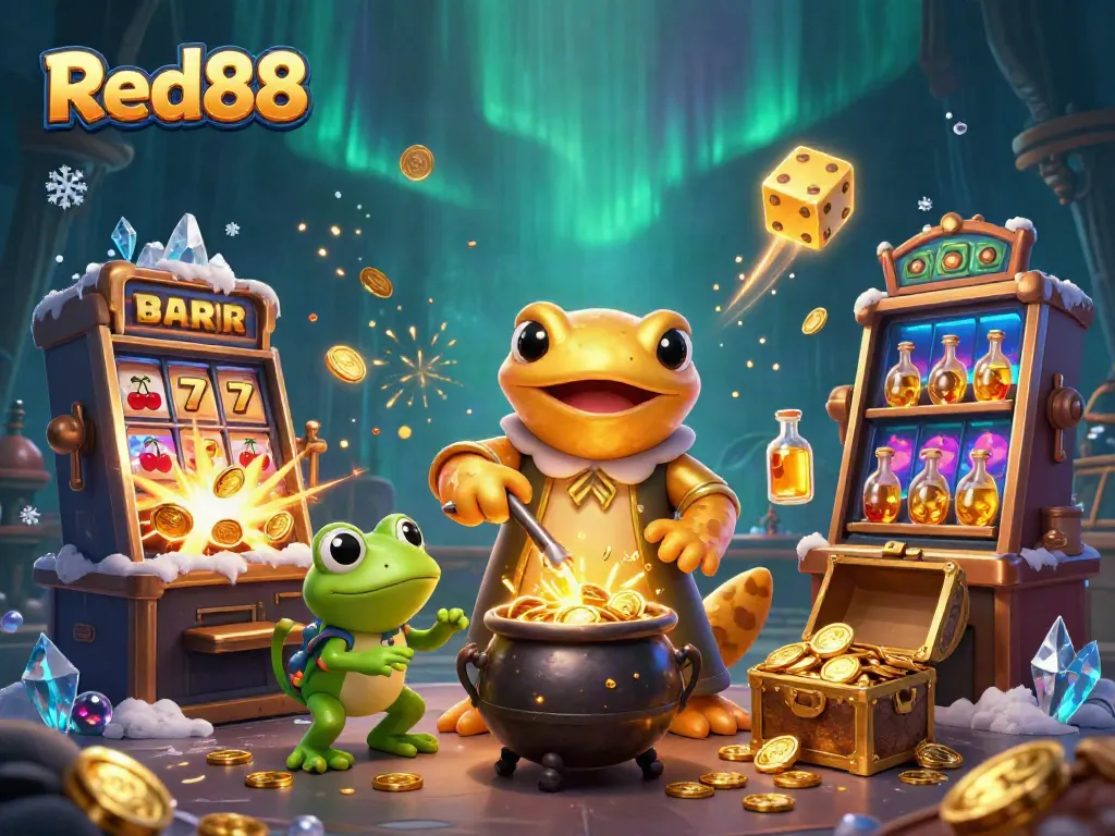 Experience the magic of Red88 with 3D characters transforming metals into gold in a casino-themed scene.