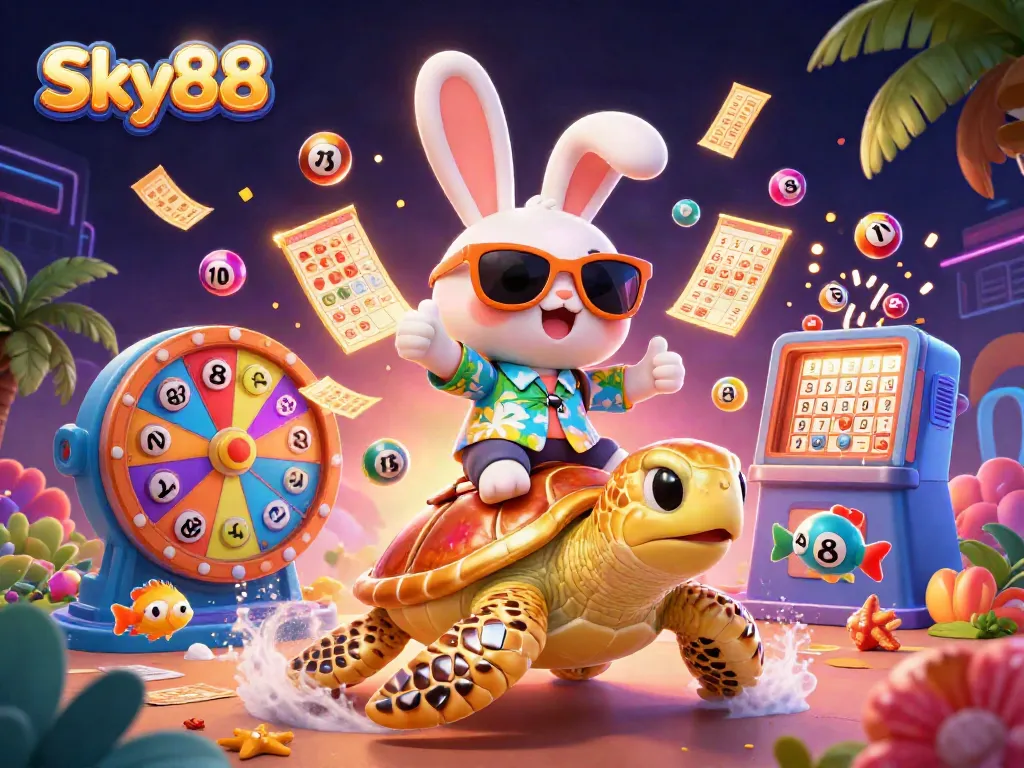 Engage with Sky88's exciting gambling scene featuring a lucky rabbit and sea turtle.