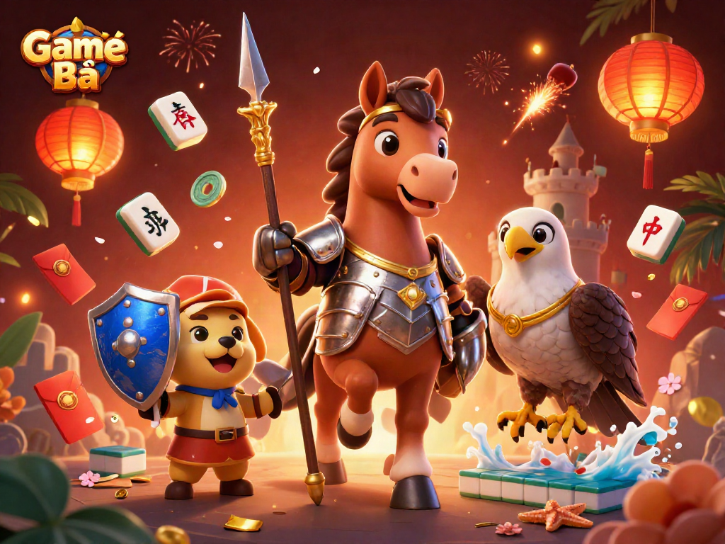 Experience the thrill of Game Bài with a dynamic scene of a knight and friends amidst vibrant casino elements.