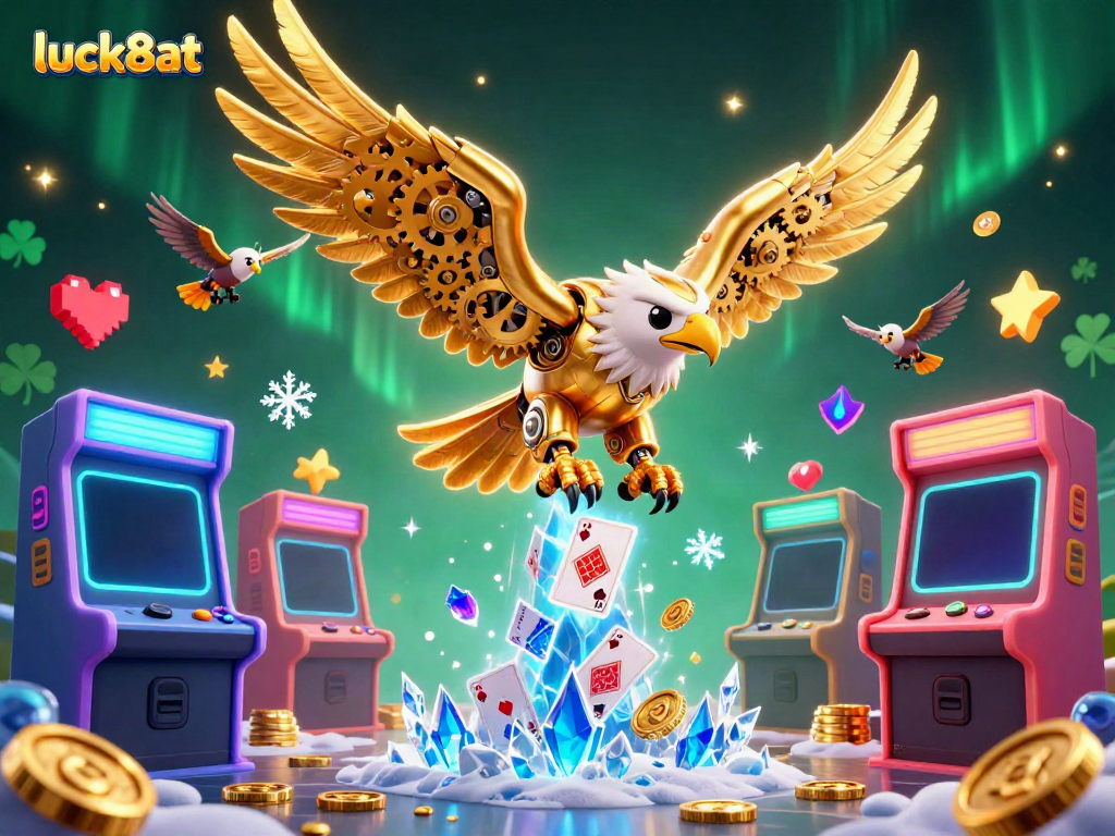 Experience excitement at luck8at with a vibrant 3D scene of a cybernetic eagle amidst dazzling casino elements.