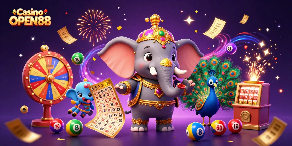 Engage with Casino OPEN88 through vibrant 3D illustration featuring lively characters and gambling elements.