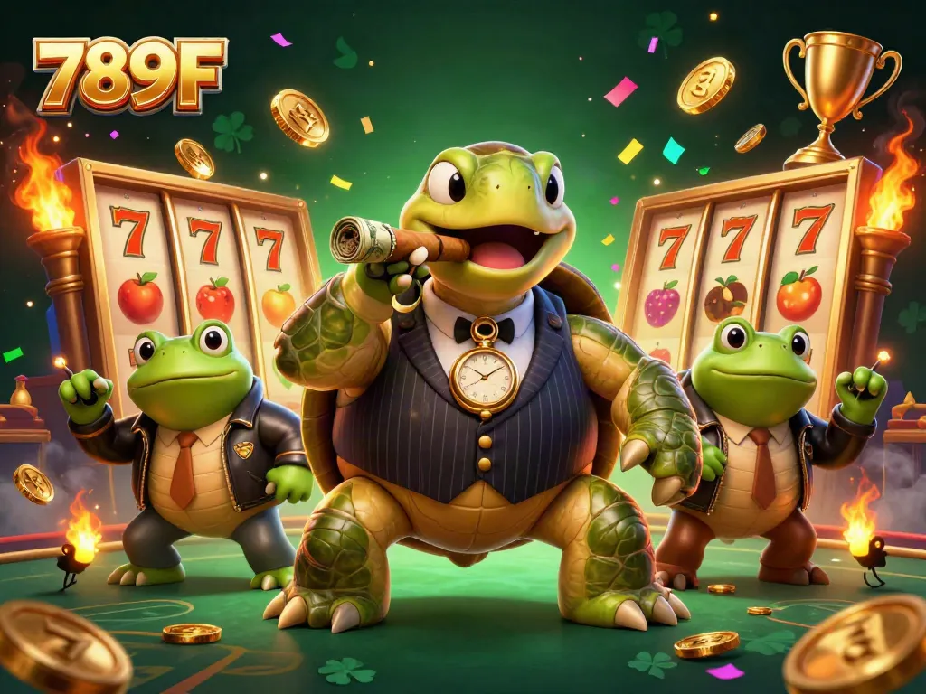Experience thrilling gameplay at 789F with a vibrant 3D casino scene featuring characters and slot elements.