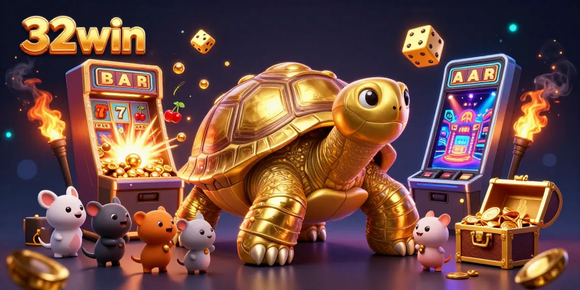 Experience the thrill of 32win's casino slots with a vibrant 3D illustration showcasing exciting game dynamics.