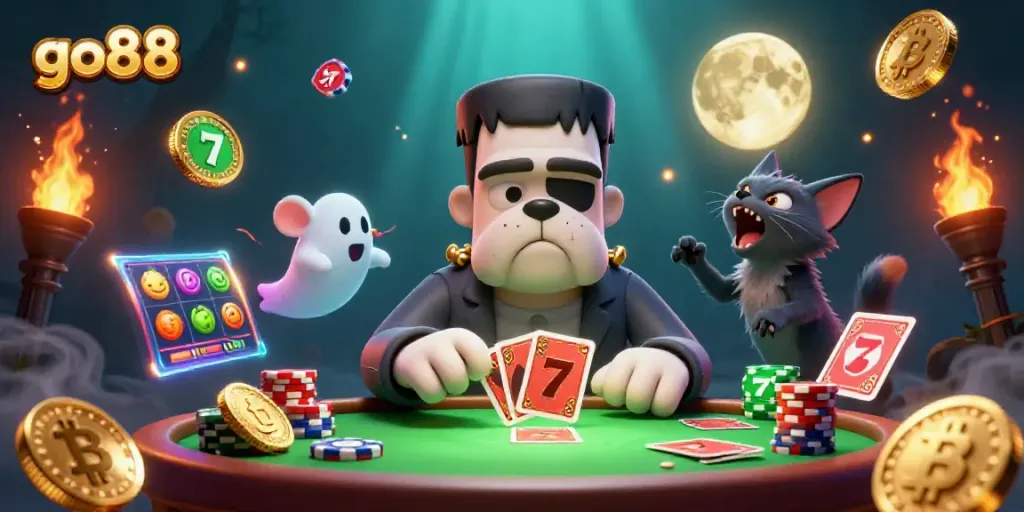 Experience thrilling bets at go88 with a lively 3D casino scene featuring cartoon characters dealing cards alongside slot elements.