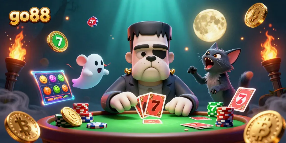 Experience thrilling bets at go88 with a lively 3D casino scene featuring cartoon characters dealing cards alongside slot elements.