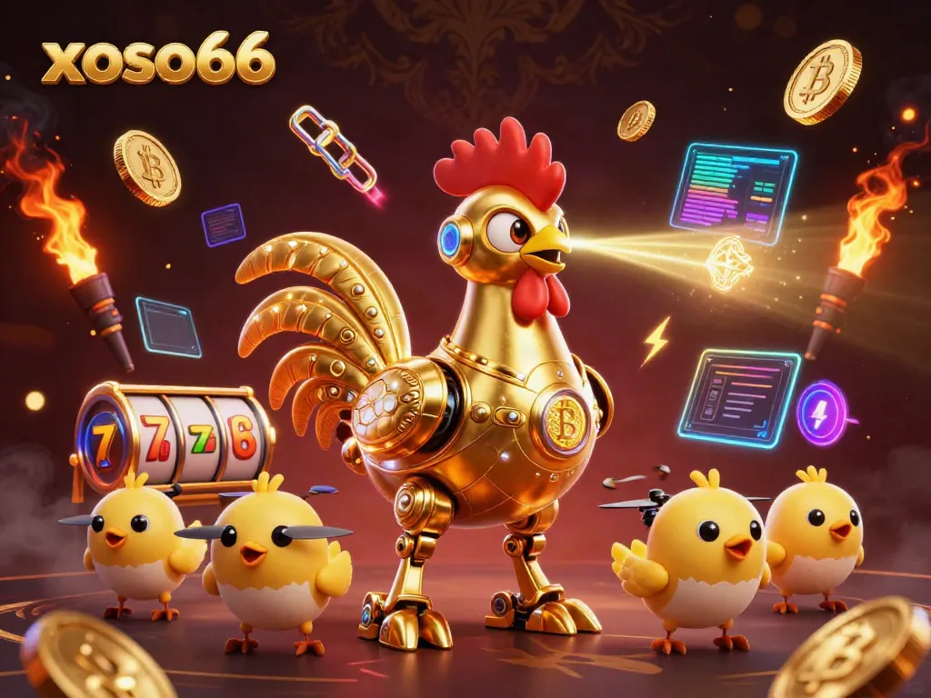 Experience thrilling xoso66 gameplay with a golden rooster robot and neon crypto elements in a vibrant casino scene.