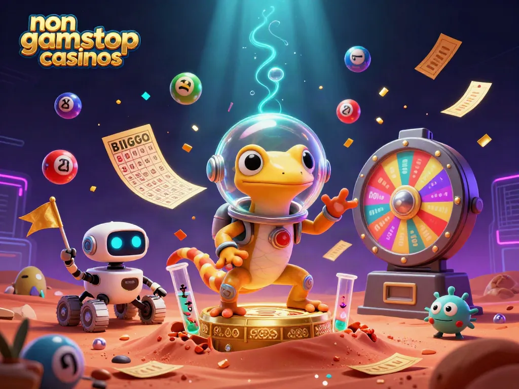 Experience the excitement of non gamstop casinos with vibrant gaming elements and cartoon characters in a thrilling casino scene.