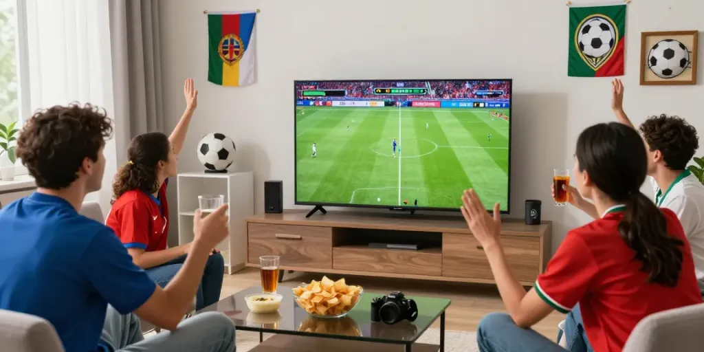 Friends enjoying a GAVANGTV live football match in a stylish living room.